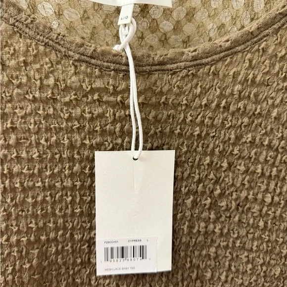 NWT Frame Denim Textured Semi-sheer Women's Baby TShirt in Cypress (Brown), Sz L - Picture 6 of 11